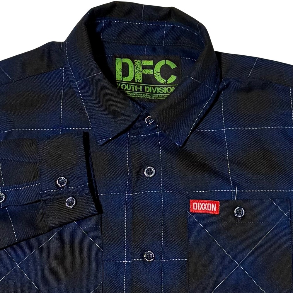 Dixxon Flannel Co Shirt Boys XL Blue Black Plaid D-Tech Youth Division Button Up